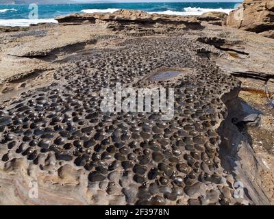 Erodierte Mulden in Felsbrocken, Murramarang National Park, NSW, Australien Stockfoto