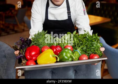 Hoher Winkel der Ernte unkenntlich Koch in Schürze stehend mit Tablett voll mit verschiedenen frischen Gemüse und Kräutern Stockfoto