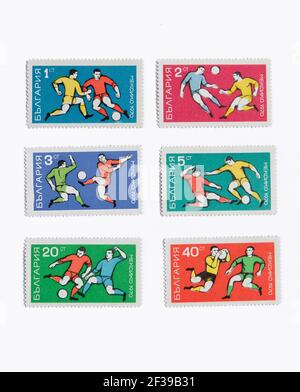 05.03.2021 Istanbul Türkei - gebrauchte und abgesagte Briefmarke. Eine Briefmarke gedruckt in Bulgarien. mexiko 1970 Fußball-Weltmeisterschaft Stockfoto