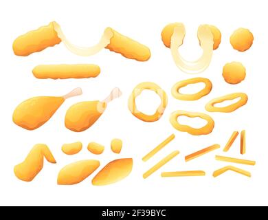 Set von frittierten Fast-Food-Käse-Sticks Zwiebelringe französisch Vektorgrafik „Pommes und gebratenes Huhn“ isoliert auf weißem Hintergrund Stock Vektor