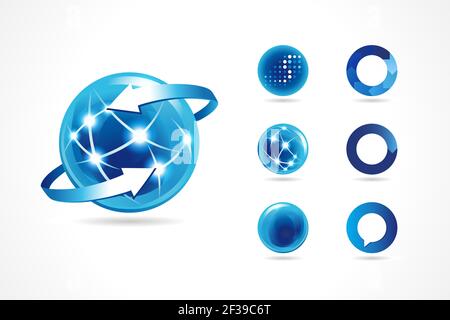 Set von 7 Kugelkugel Logo mit 3D Effekt, auch als Icon oder Design-Element für globale Wirtschaft, Kommunikation, Technologie, Internet geeignet. Vektor Stock Vektor