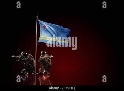 Konzept des militärischen Konflikts mit Soldatenstatuen und wehender Nationalflagge von Aruba. Illustration der Coup-Idee. Zwei Wachen verteidigen das Symbol Stockfoto