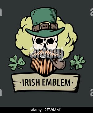 Handgezeichneter irischer Totenkopf mit grünem Hut, rotem Schnurrbart und Bart und Klee. Leprechaum mit Pfeife und Wolke. St. patrick. Vektor. Aufkleber, Logo Stock Vektor