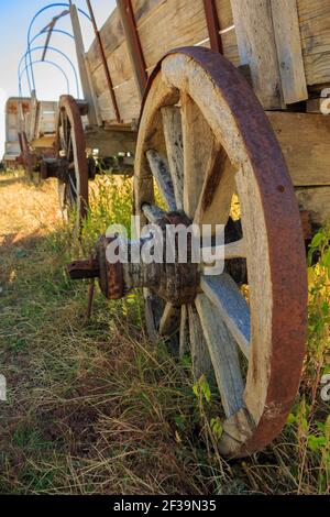 Holzräder, Speichen und Nabe von alten Pferdewagen Stockfoto
