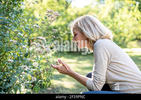 Lächelnde reife Frau, die Blumen im Hinterhof anschaut Stockfoto