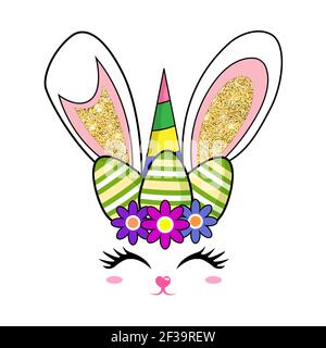 Niedliche osterhase Einhorn. Hasengesicht mit Glitzerohren, osterei und Blumen. Osterkarte. Vektorgrafik Stock Vektor