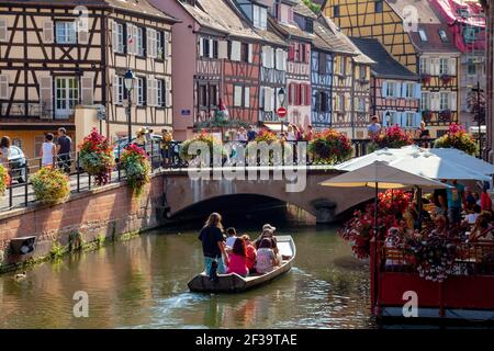 Colmar (Nordost-Frankreich): Fassaden von Fachwerkhäusern, traditionelle elsässische Häuser, Kai „quai de la Poissonnerie“. Bootsfahrt auf dem Fluss Stockfoto