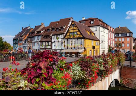 Colmar (Nord-Ost-Frankreich): Fassaden von Fachwerkhäusern, traditionelle elsässische Häuser, Kai 'Quai de la Poissonnerie', mit der Brücke der st Stockfoto