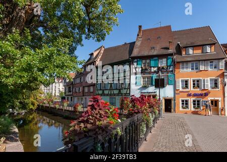 Colmar (Nord-Ost-Frankreich): Fassaden von Fachwerkhäusern, traditionelle elsässische Häuser, Kai 'Quai de la Poissonnerie', von der Brücke aus gesehen Stockfoto