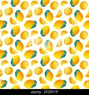 Nahtloses Muster mit Zitronen. Vektor-Hintergrund mit saftigen Zitrusfrüchten und Blättern. Stock Vektor