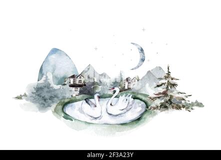 Aquarell Set von Berg Wasserfall. Handgezeichnete Aquarell isolierte Landschaft mit Wald und Bergen auf weißem Hintergrund Stockfoto