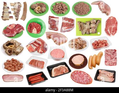 Rindfleisch und Schweinefleisch in verschiedenen Variationen Set. Isoliert auf Weiß Stockfoto