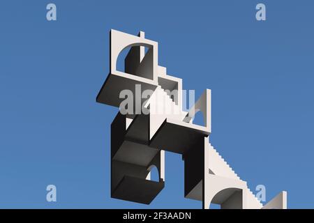 Abstrakte weiße architektonische Installation ist unter blauem Himmel an einem sonnigen Tag. Treppe nach oben mit verbundenen Würfel Blöcke und Bögen, 3D Rendering illu Stockfoto