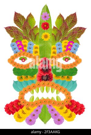 Altes afrikanisches Maskensymbol aus Blumen und Blättern. Isolierte handgemachte Fotocollage Stockfoto