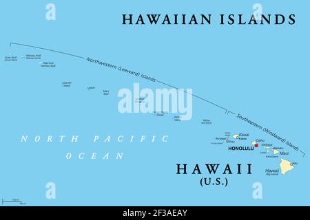 Hawaii-Inseln, politische Karte. US-Bundesstaat Hawaii mit der Hauptstadt Honolulu und dem nicht eingegliederte Gebiet Midway Island. Archipel im Pazifik Stockfoto