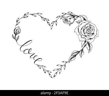 Feine Linie Herz mit Rose Blumen isoliert auf weiß, handgezeichnete Linie Kunst Herz Illustration für Hochzeit Designs, floral Liebe Konzept Design Stockfoto