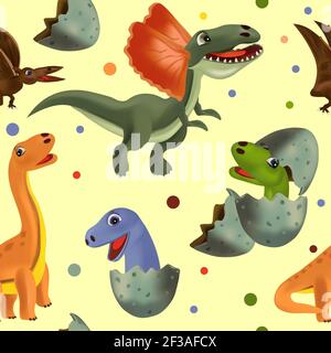 Lustige Dinosaurier und Pterodactyl schlüpfen aus einem Ei. Vektor nahtlos mit Dinosaurier und Eier für Ihr Design Textil, Tapeten, Stoff, Plakate. Vektorgrafik. Stock Vektor