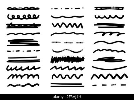 Skizzenlinie. Scribble Doodle Brush Set. Handgezeichnete schwarze Vektorlinien. Grunge Markierungssatz Stock Vektor