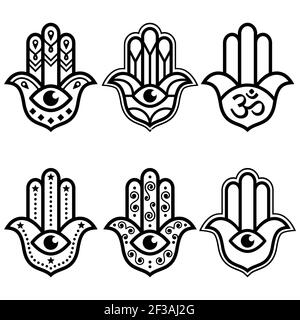 Hamsa Hand mit bösem Auge einfaches minimalistisches geometrisches Design Set - Symbol für Schutz, Spiritualität Stock Vektor
