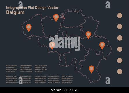 Infografiken Belgien Kartenumriss, flaches Design, Farbe blau orange Vektor Stock Vektor