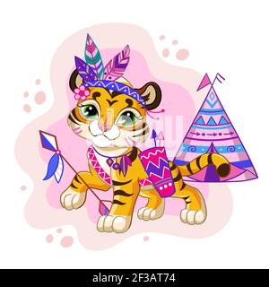 Niedliche Cartoon kleine Tribal Tiger mit Tipi. Zeichentrickfigur. Vektor-isolierte Illustration. Für Postkarte, Plakate, Kinderzimmer-Design, Grußkarte, st Stock Vektor