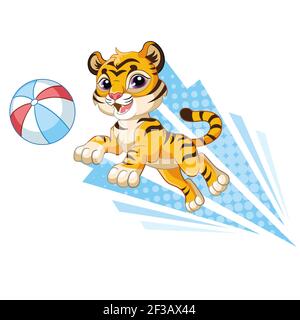 Springender Tiger mit Ball. Zeichentrickfigur. Vektor isoliert bunte Illustration. Für Druck und Gestaltung, Plakate, Kinderzimmer-Design, Karten, Aufkleber, roo Stock Vektor