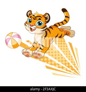 Niedlicher Tiger spielt mit Ball. Zeichentrickfigur. Vektor isoliert bunte Illustration. Für Druck und Design, Poster, Kinderzimmer-Design, Karten, Aufkleber Stock Vektor