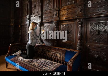 Stark geschnitzte Eichentäfelung aus dem späten 16th frühen 17th Jahrhundert in der Eingangshalle am Camden Place in Chislehurst, Kent, England, Großbritannien Stockfoto