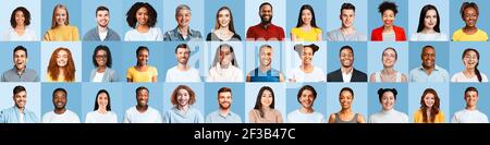 Portrait Collage Von Mehreren Glücklichen Menschen Posieren Über Blauen Hintergründen Stockfoto