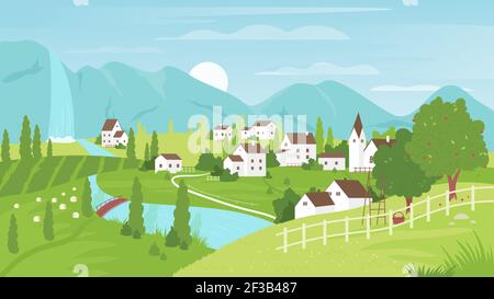 Ländliche Berglandschaft, Dorf Bauernhof Land Feld mit weidenden Schafen, Straße zu Häusern Stock Vektor