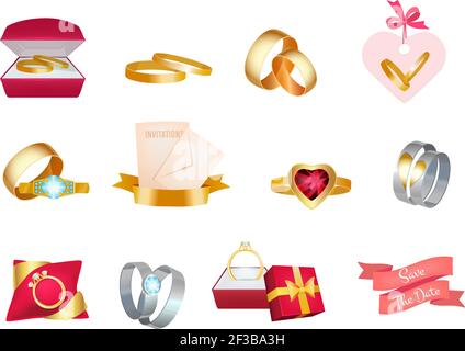 Eheringe. Hochzeit Strauß Einladung Symbol Kuchen und Anzug Braut Liebe Vektor Hochzeit Symbole Stock Vektor