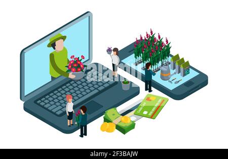 Pflanzen und Blumen Online-Shop. Isometrisches floristisches Vektorkonzept Stock Vektor