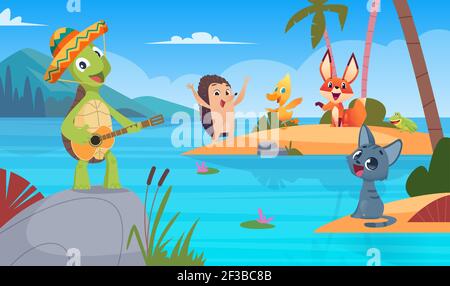 Schildkröten Hintergrund. Natur wild Tier singen spielen Vektor Cartoon Schildkröte Hintergrund Illustration Stock Vektor