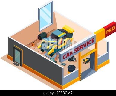 Isometrisches Auto-Service. Auto Garage Reparatur Details Querschnitt Raum Automobil Service Vektor Innenraum Stock Vektor