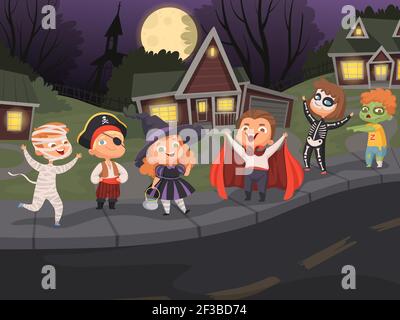 Halloween-Stadt. Kinder Kostüme Nacht Horror gruselig halloween Party urbane Landschaft gruselige Monster zu Fuß Vektor Stock Vektor