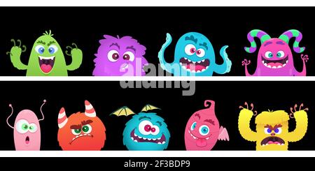 Cartoon-Monster. Halloween Monster Gesichter Vektor Banner Vorlage Stock Vektor
