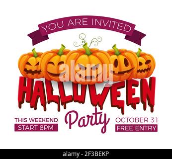 Halloween-Banner. 31 oktober Party Einladung Vektor Vorlage. Halloween Kürbisse mit lustigen und erschreckt Gesichter Stock Vektor