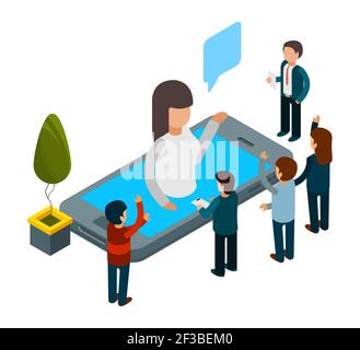 Chatbot-Konzept. Isometrische künstliche Intelligenz. Vector Menschen chatten mit Chat bot App Stock Vektor