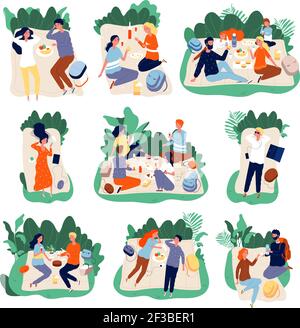 Picknick-Freunde. Menschen essen im Park gesund glücklich Familie im Freien Vektorfiguren Illustrationen Stock Vektor