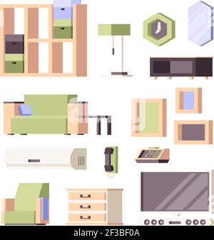 Möblierung Wohnung. Wohnzimmer Interieur Artikel Zimmerpflanzen Stühle Tische Kleiderschrank Bett Stühle Vektor orthogonal Sammlung Stock Vektor