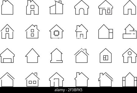 Home Web-Symbol. Gebäudekomplex Garage Hotel Zimmer Eingangstür Vektor dünne Linie Symbole Stock Vektor