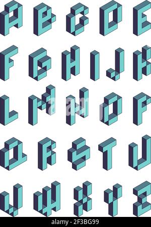 Pixelschriftart. Isometrische Videospiel Alphabet retro Stil 90s kubische Buchstaben Vektor 3D Stock Vektor