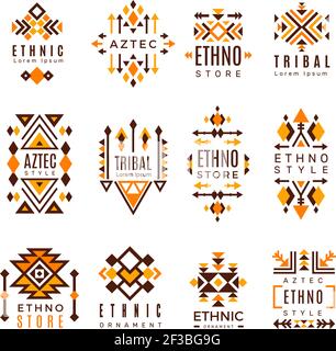 Ethno-Logo. Trendige Tribal Symbole geometrische Formen indischen dekorativen mexikanischen Vektor-Elemente Stock Vektor