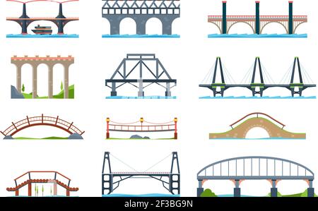 Brücken. Hölzerne Eisen aqueduc mit Säule moderne architektonische Objekte Vektor-Brücke in flachem Stil Stock Vektor