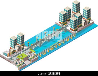 Stadtfluss. Stadtlandschaft mit niedrigen Poly Gebäude und Brücke großen Viadukt Vektor isometrisch Stock Vektor