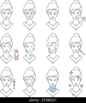 Symbol Hautpflege. Gesicht Creme Seife gewaschen Kollagen Augencreme Make-up Linie reinigen Pore Vektor-Symbole Stock Vektor