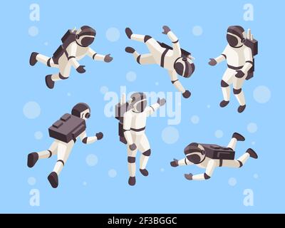 Astronaut isometrisch. Cosmo Raum futuristischen Menschen in besonderer Kleidung Vektor Astronaut in verschiedenen Posen Stock Vektor
