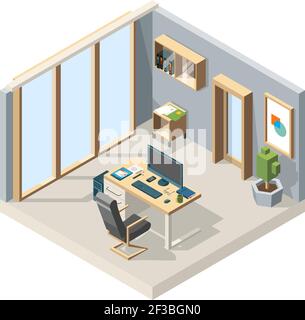 Büro isometrisch. Business-Interieur mit Möbel Stuhl Schreibtisch Computer 3D Vektor low poly Illustrationen Stock Vektor