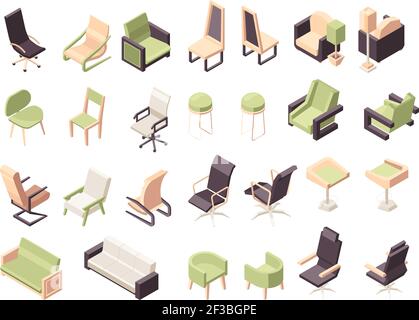 Sessel isometrisch. Büromöbel Moderne niedrige Poly Stühle Sammlung Vektor 3D Objekte isoliert Stock Vektor