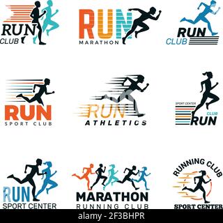 Lauflogo. Marathon Club Abzeichen Sport Symbole Schuh und Beine springen Laufen Menschen Vektor Sammlung Stock Vektor